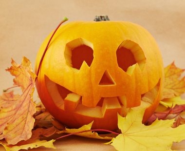 Akçaağaç yaprağı üzerinde kabak Jack-o'-lantern
