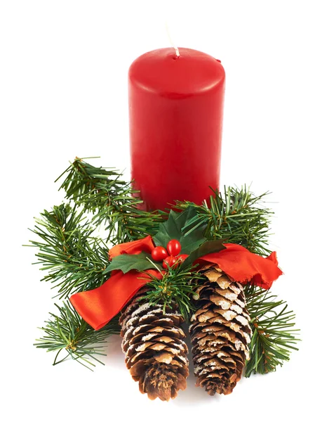 Candle and fir-tree branch composition — Stock Photo, Image