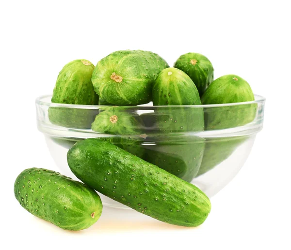 Fresh cucumbers in a glass bowl — Stock Photo, Image