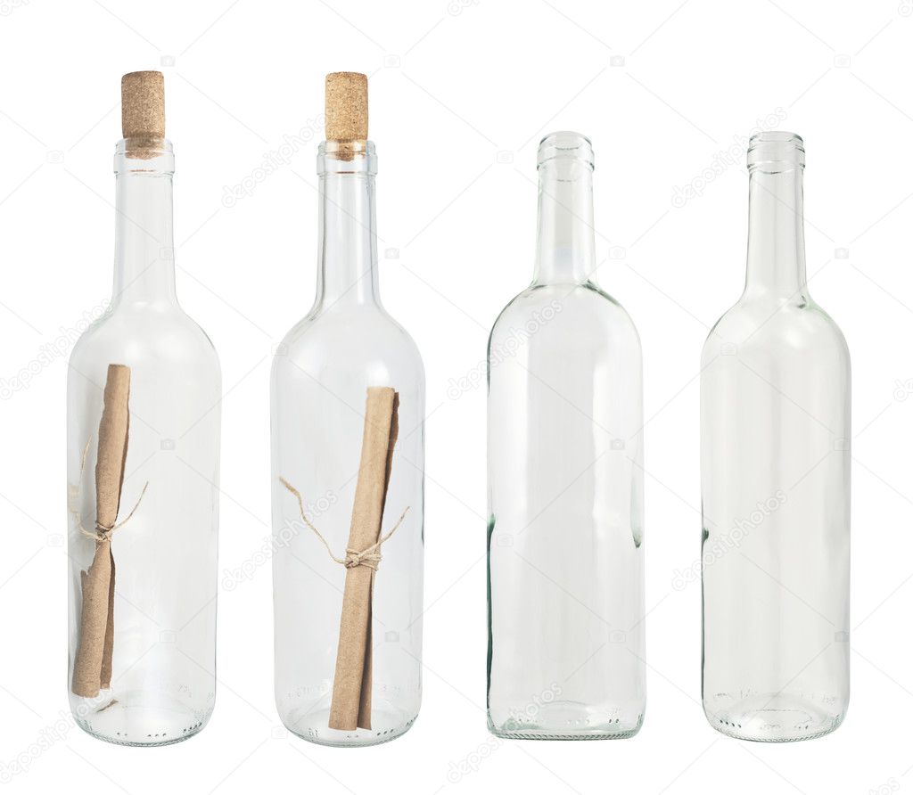 Set of four glass bottles isolated