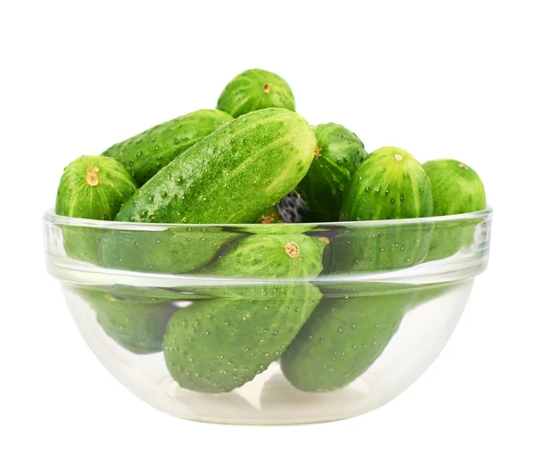 Fresh cucumbers in a glass bowl — Stock Photo, Image