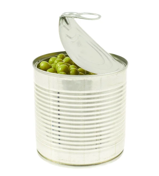 Metal can full of green peas isolated — Stock Photo, Image