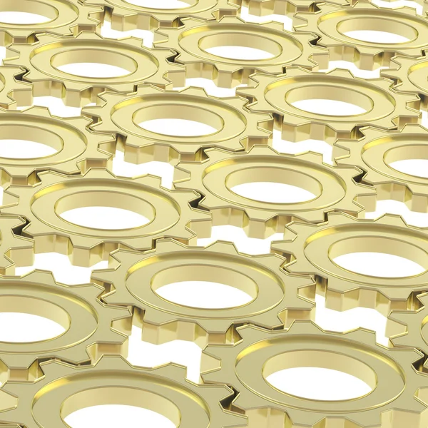 Состав поверхности, покрытой золотыми зубчатыми передачами на белом фоне — стоковое изображение Поверхность покрыта зубчатыми передачами — стоковое фото