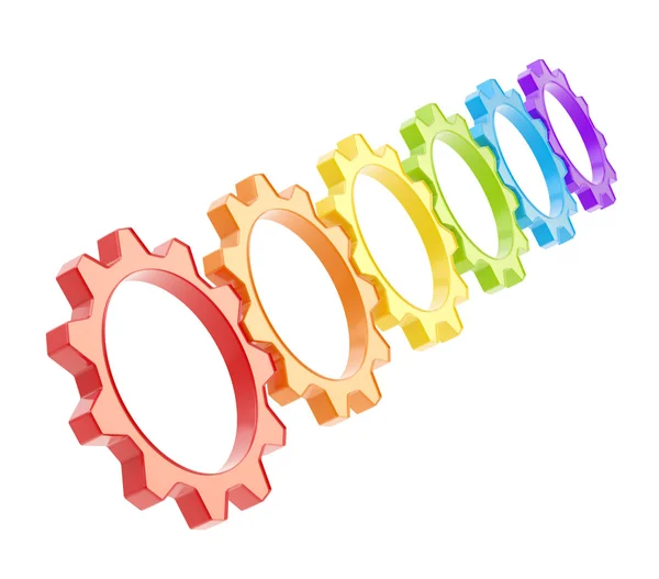 Ряд пластиковых цветных зубчатых передач, изолированных на белом фоне — стоковое изображение Ряд шестеренок — стоковое фото