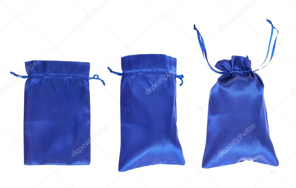 Blue drawstring bag packaging isolated