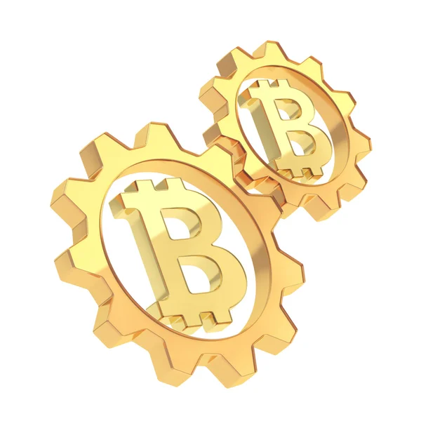 Due ingranaggi con un segno bitcoin all'interno — Foto Stock