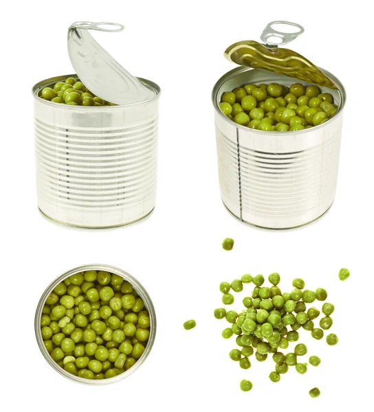 Metal can full of green peas isolated — Stock Photo, Image