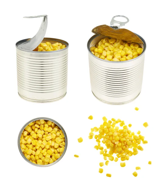Boîte en métal pleine de grains de maïs isolés — Photo