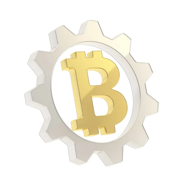 Bitcoin signo en el interior de un engranaje rueda dentada aislado —  Fotos de Stock