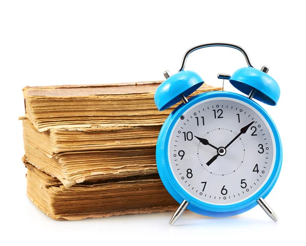 Blue alarm clock with books — Stock Photo, Image