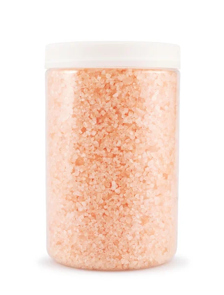 Plastic jar of the salt crystals — Stock Photo, Image