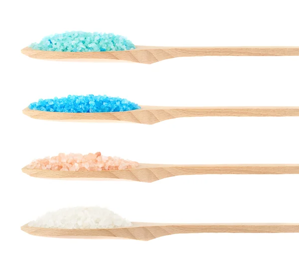 Wooden spoon with salt crystals — Stock Photo, Image