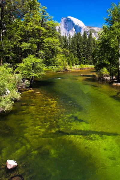 Merced river met halve koepel op achtergrond in yosemite national park, Californië Stockafbeelding