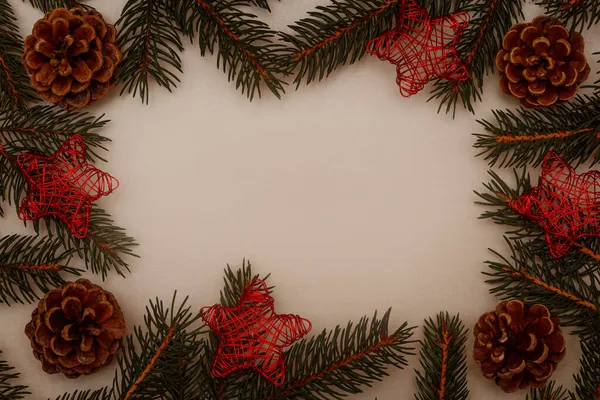 New Year Background Christmas Card Frame Pine Branches Red Stars — Stock Photo, Image