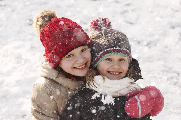 Winter Children Happy Hugging Girls Kids Snow Winter Winter Smiling — Fotografia de Stock