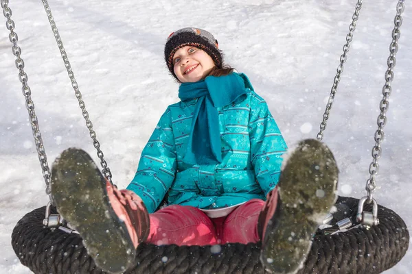 Happy Child Girl Swing Winter Little Kid Playing Winter Walk — Fotografia de Stock