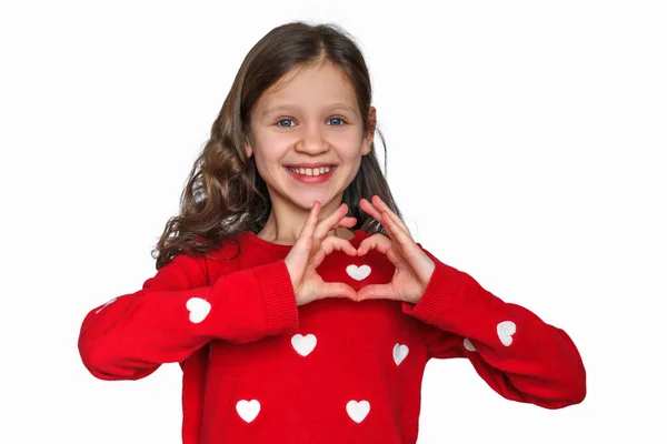 Valentine Day Concept Little Girl Red Showing Heart Hands Happy — Stockfoto