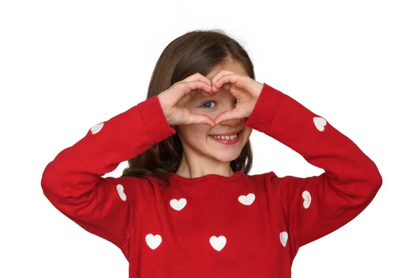 Conceito Dia Dos Namorados Menina Feliz Sorrindo Olhando Através Coração — Fotografia de Stock