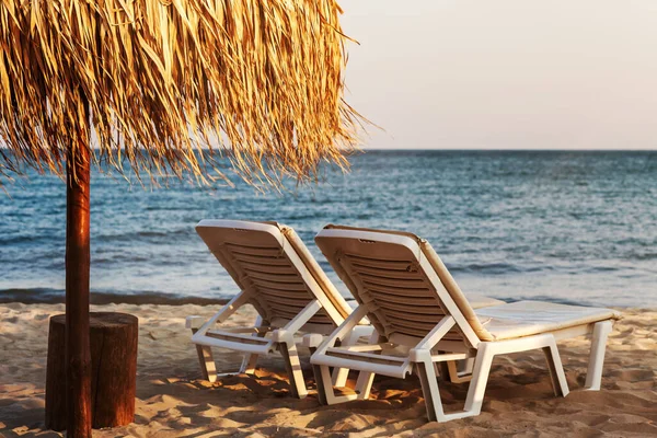 Beach Sunbeds Umbrella Summertime Beach Umbrella Cane Sun Chair Sea — Fotografia de Stock