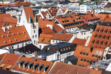 Aerial view of City of Europe with Red Tiled Roofs Houses. European Historical style City. Downtowns tiled roofs.