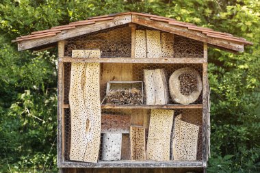 Insect Hotel in garden. Insect House close up on green background.