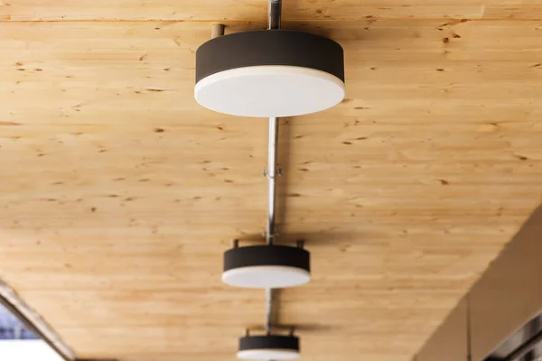 Ceiling Lights LED Round Surface. Spot Lamps on wooden Ceiling outdoor. Lamps on Ceiling in Terrace or Balcony Outdoor.