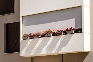 Flowers ve Harici Shutters 'lı balkon. Modern Süslü Balkon Ön Yüzü Perdeleri ile. Balkon Tekerlekli Panjurlar.