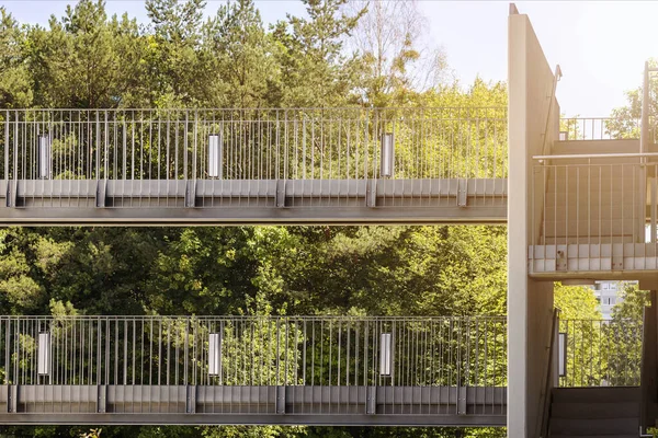Bridge Transition between Houses with Stairs. Passage Walkway between Buildings at height. Modern Architectural element Exterior of Eco House with Landscape.