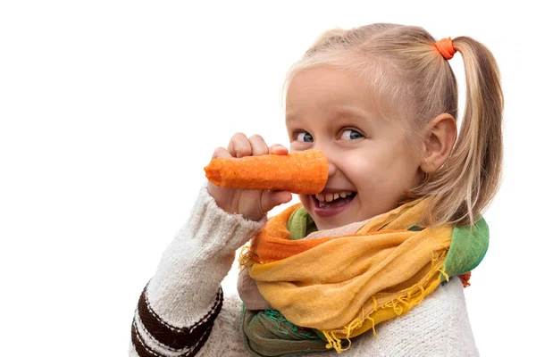 Vegetais Para Crianças Criança Feliz Diverte Com Cenoura Como Nariz — Fotografia de Stock