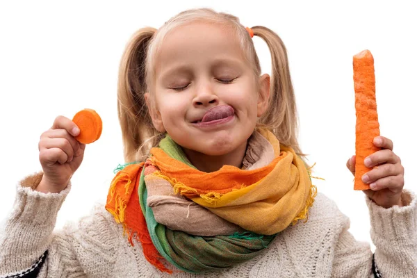 Legumes Cenoura São Bons Alimentos Para Crianças Criança Desfrutando Cenoura — Fotografia de Stock