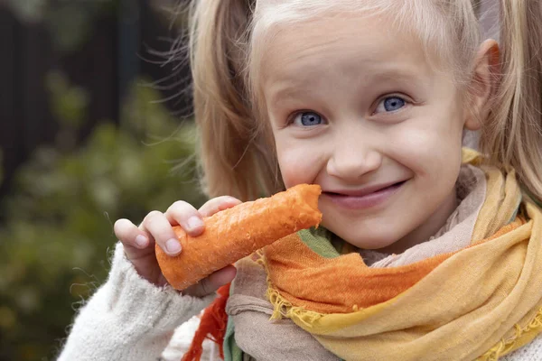 Vegetais Para Crianças Menina Criança Comendo Cenoura Fresca Fundo Natureza — Fotografia de Stock