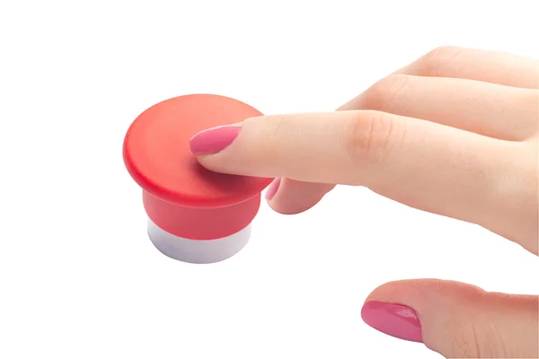 La main appuie sur le bouton rouge isolé sur blanc — Photo