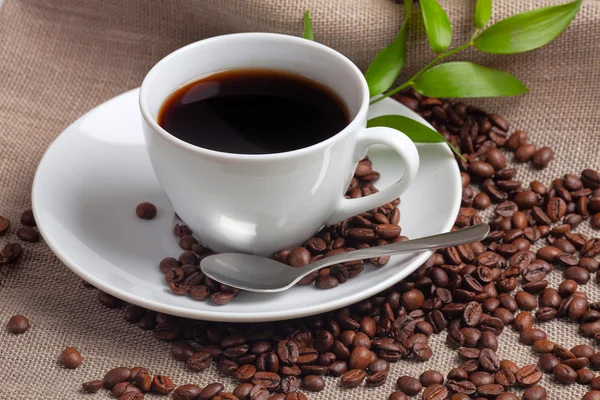Tazza di caffè con chicchi di caffè — Foto Stock