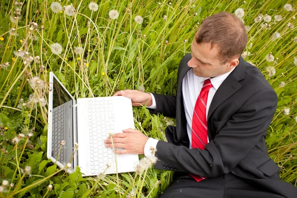 Empresário que estabelece na grama verde, usando um laptop — Fotografia de Stock