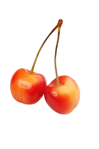 两个心形白色背景上孤立的樱桃浆果 — 图库照片