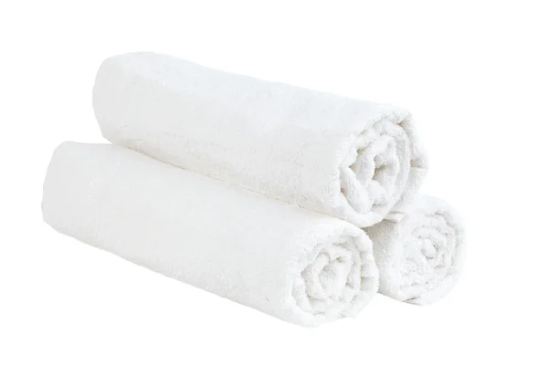 Três toalha branca rolar em um fundo branco — Fotografia de Stock
