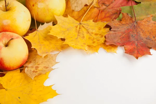 Fallen autumn maple leaves and apple — Stock Photo, Image