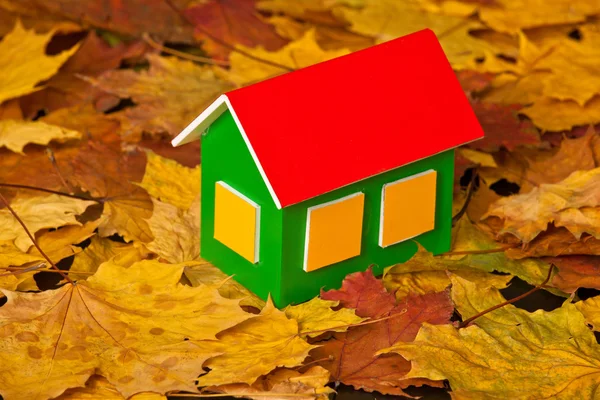 Toy house on autumn leaves background — Stock Photo, Image