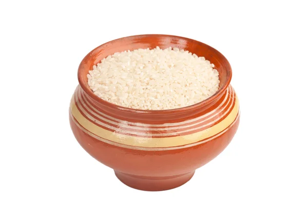 Ceramic pot with rice for cooking — Stock Photo, Image