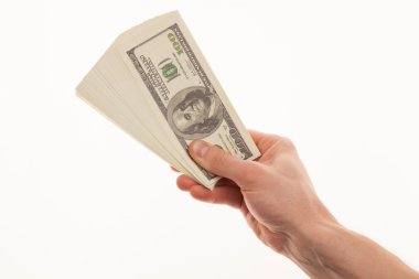 Erkekler el a yelpaze-in dolar beyaz arka plan üzerinde tutar. 