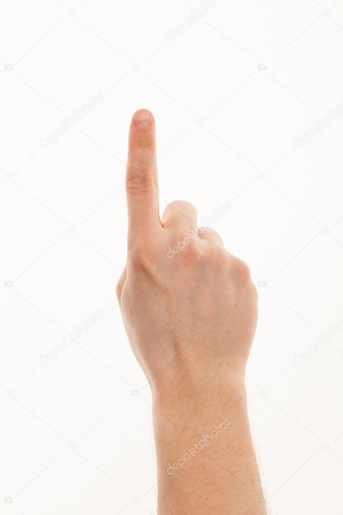 Male hand with pointing finger showing something isolated on whi