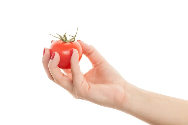 Schöne Frau Hand hält eine perfekte rote Tomate isoliert auf wh — Stockfoto