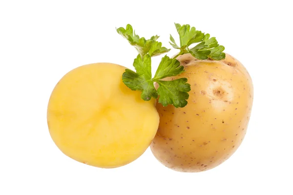 Two yellow potatoes and green parsle. Isolated on white backgrou — Stock Photo, Image