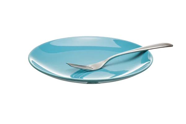 Blauw bord met zilveren vork, geïsoleerd op een witte backfround — Stockfoto