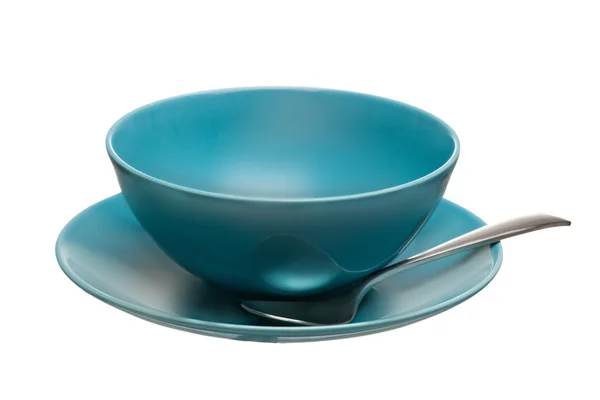 Tazón de cerámica azul con cuchara y placa aislada sobre fondo blanco — Foto de Stock
