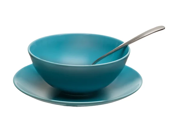 Tazón de cerámica azul con cuchara y placa aislada sobre fondo blanco — Foto de Stock