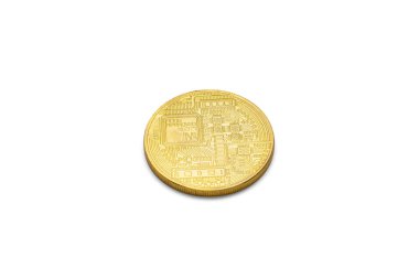Altın Bitcoin madeni para, ters yüz, beyaz zemin üzerinde yansıması ile izole