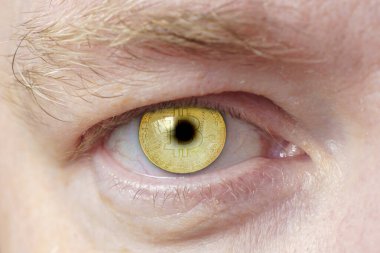 Altın bitcoin ile insan gözü, yakın çekim.