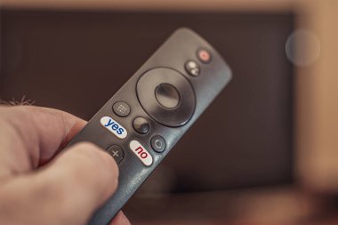 Televizyon kumandasında evet ve düğme etiketi yok. Kırmızı ve mavi yazılar yok. Uzaktan kumandanın düğmelerinde mavi yazıyor..