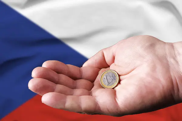 Coin One Euro Hand Man Flag Czechia Background — ストック写真